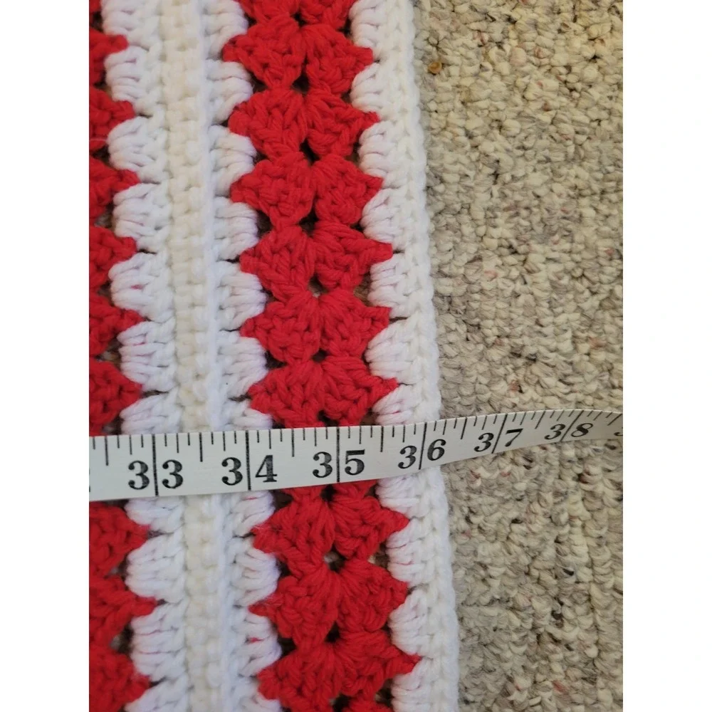 Vtg Handmade Crochet Throw Blanket Farmhouse Christmas Striped Red White 60x36